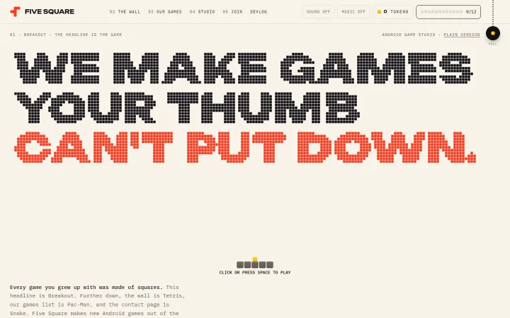 The Five Square homepage headline built from Breakout bricks