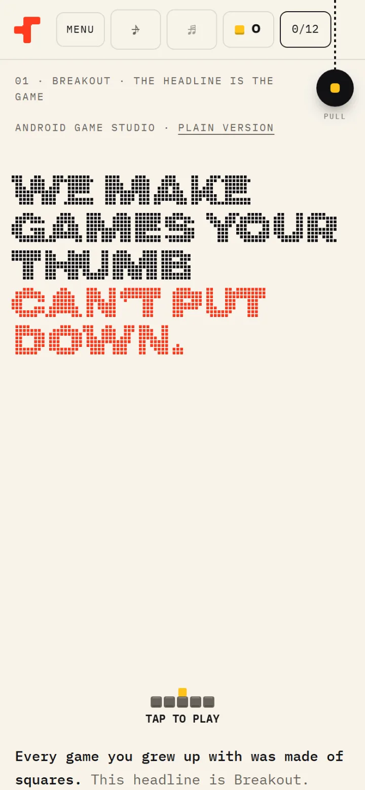 The Five Square site on a phone: the headline built from Breakout bricks
